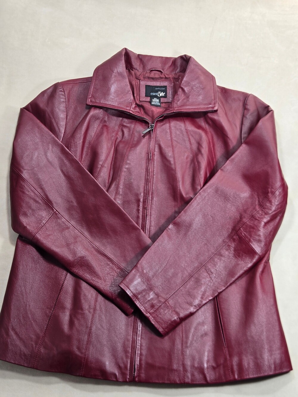 East 5th Womens 1X Genuine Leather Jacket Burgundy Zip Front Coat Outerwear
